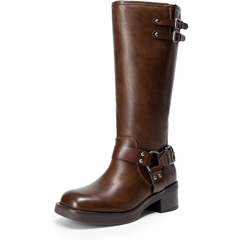 Women's Brown Knee High Combat Boots Square Toe Buckle Low Heel Chunky Booties